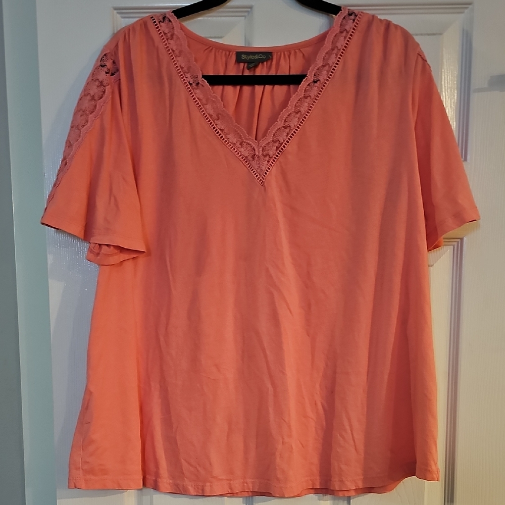 Style & Co. Coral V-Neck Lace Trim Blouse